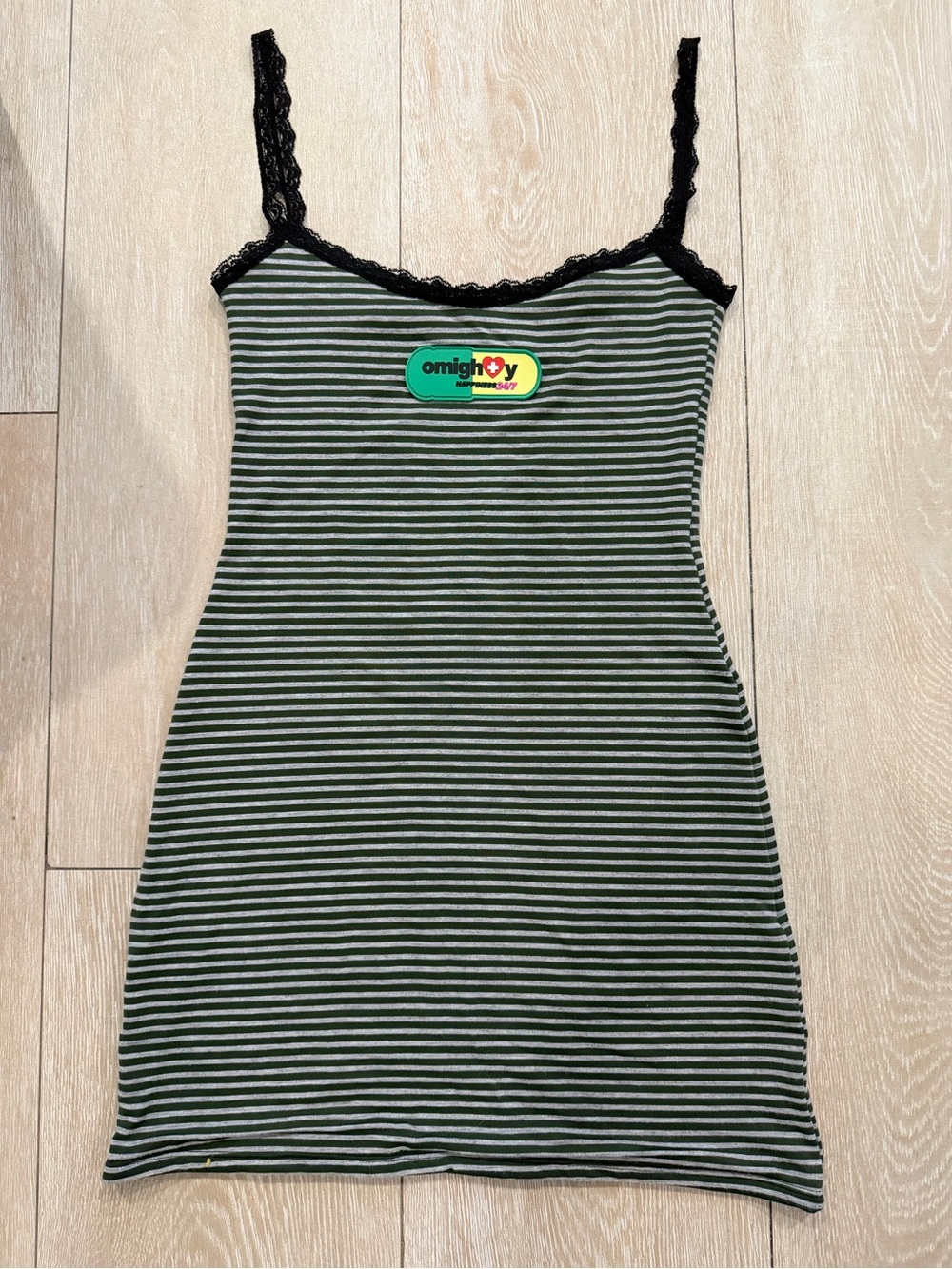 Omighty Dark Green and Grey Striped Lace-Trim Dress